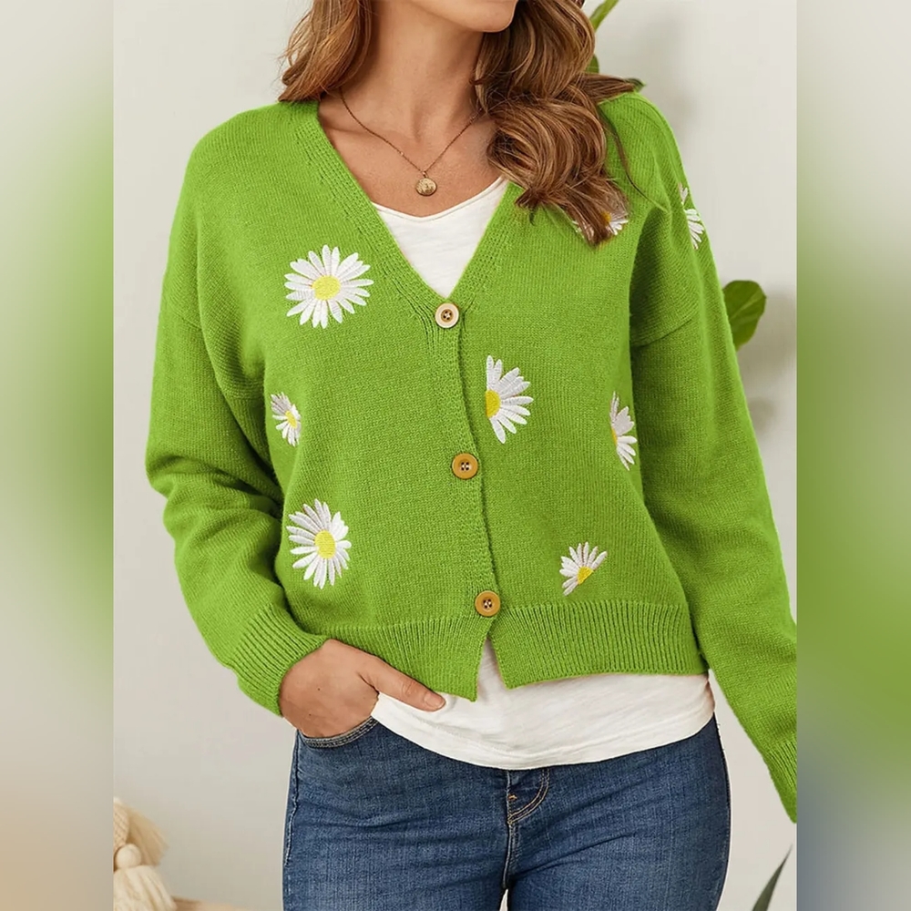 Embroidered Cropped Classic Knit Button Front Retro Long Sleeve Soft Cardigan